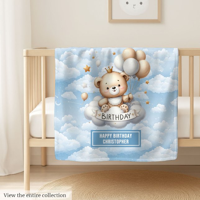 Nom personnalisé couverture de premier anniversair (Custom name first birthday blanket with teddy bear)