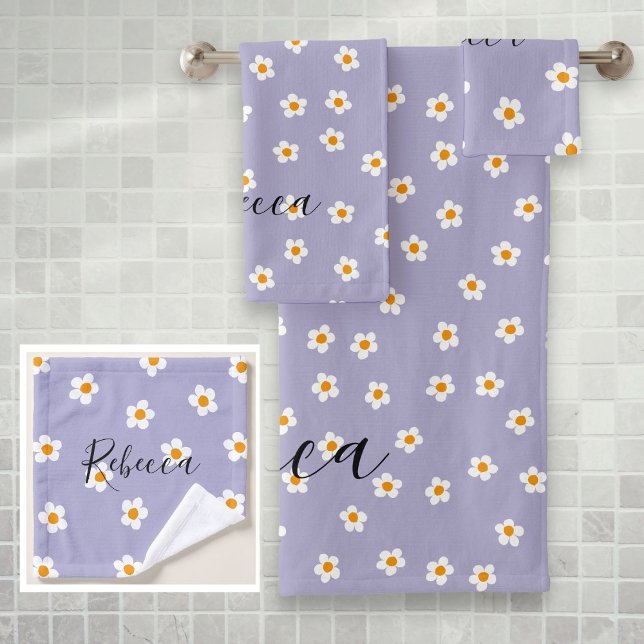 Nom personnalisé Cute Modern Daisy Motif violet (Personalized Name Cute Modern Daisy Pattern Purple Bath Towel Set)