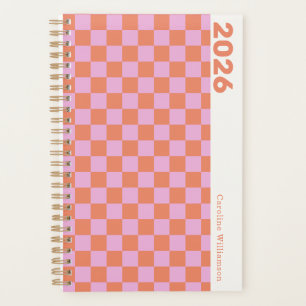 Nom personnalisé damier rose orange rétro