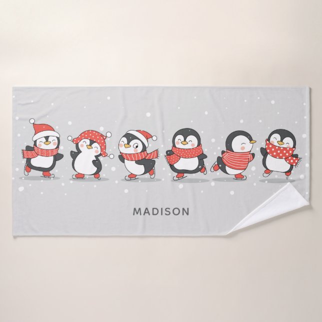 Nom personnalisé des pingouins d'hiver (Serviette de bain)