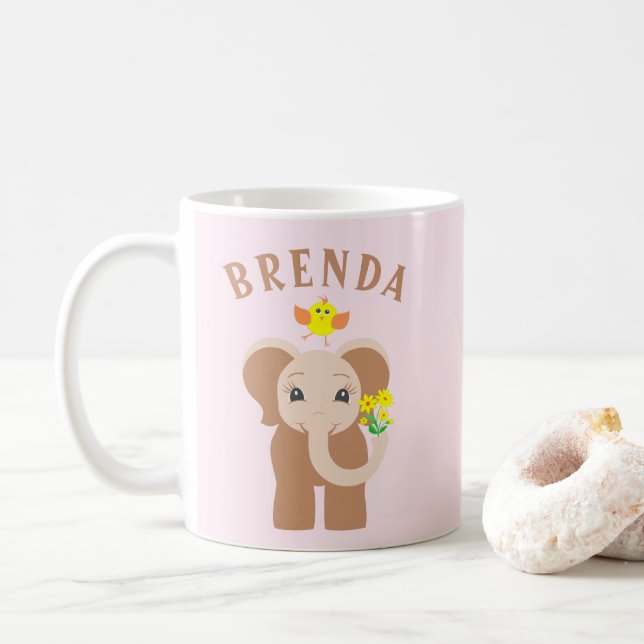 Nom Personnalisé Elephant & Oiseau 11 oz Mug Pour  (Avec donut)