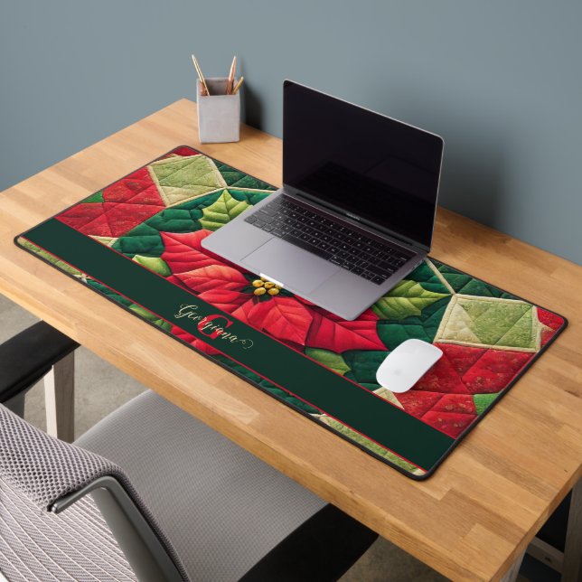 Nom personnalisé Festif Floral Patchwork Poinsetti (Bureau 2)