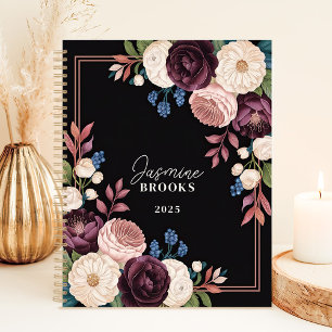 Nom personnalisé floral noir et prune élégant
