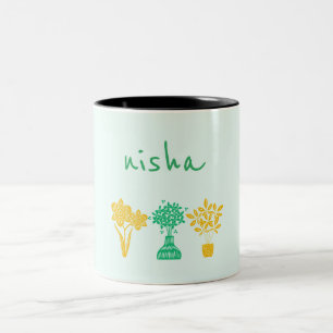 nom personnalisé floral vert et jaune mignon mug