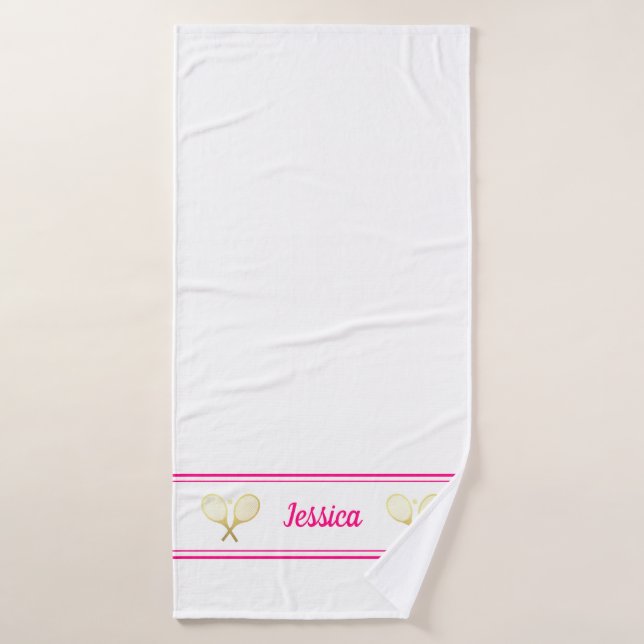 Nom personnalisé Joueur de tennis rose vif blanc (Serviette de bain)
