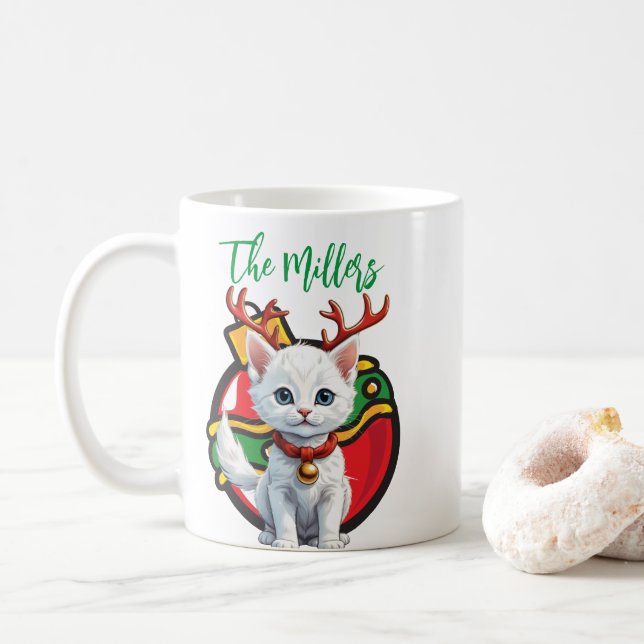 Nom personnalisé Joyeux chat de Noël tasse de café (Avec donut)