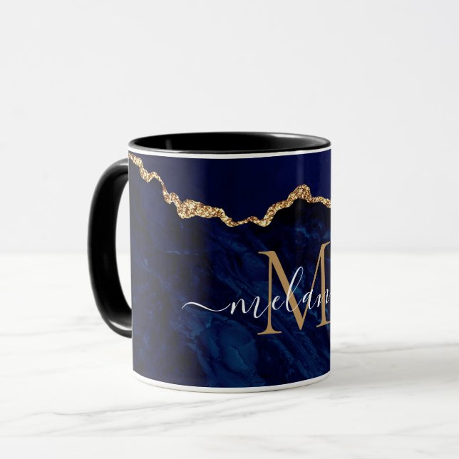 Nom personnalisé Lettre Mug Agate Marine Marbre bl (Devant gauche)