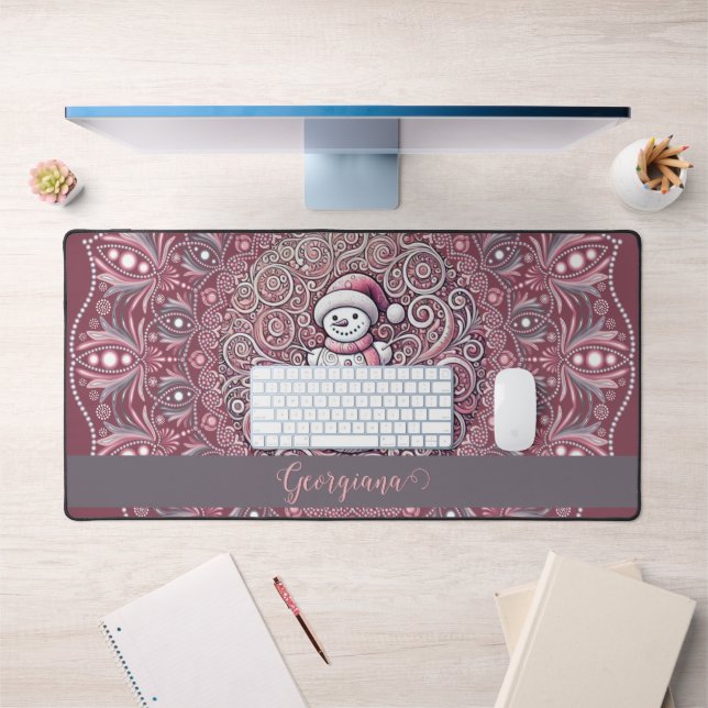 Nom personnalisé mignon Whimsical Pink Snowman Man (Bureau 1)