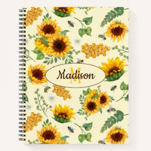 Nom personnalisé Monogramme Carnet Tournesols Miel
