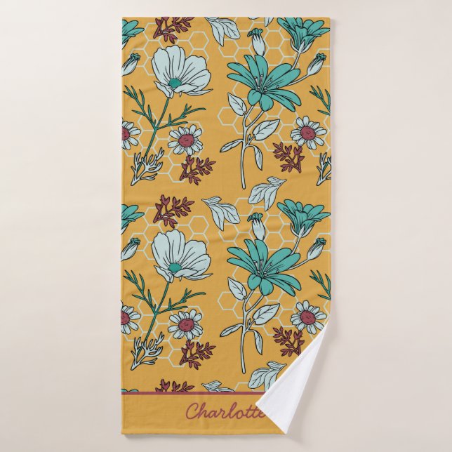 Nom personnalisé motif floral coloré (Serviette de bain)