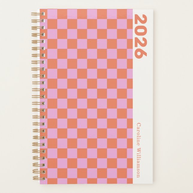 Nom personnalisé rétro rose orange damier (Devant)