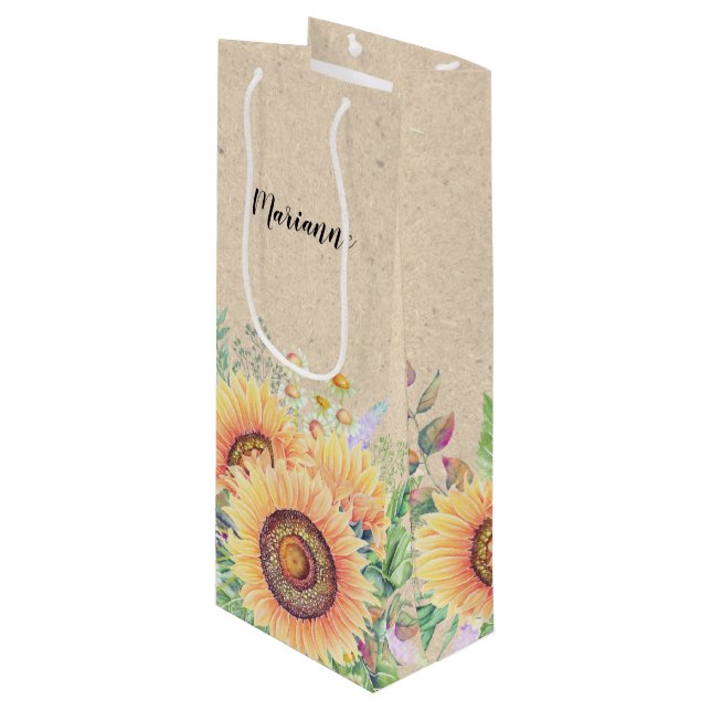 Nom personnalisé| Sacs à vin en papier Tournesol K (Devant Angle)