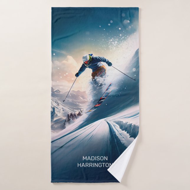 Nom personnalisé Skier de montagne (Serviette de bain)