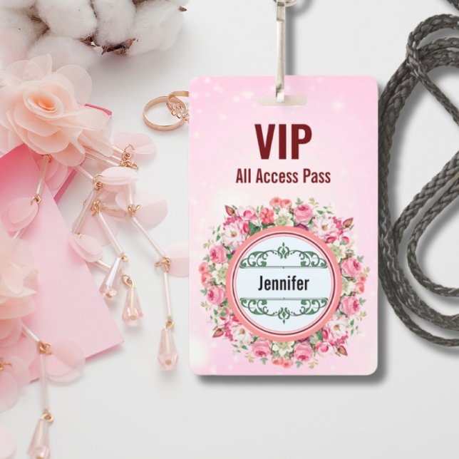 Nom personnalisé VIP All Access Pass Badge floral  (Créateur téléchargé)