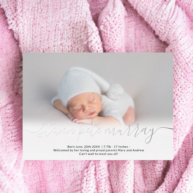 Nom script photo bébé argent faire-part de naissan (Name script photo baby birth announcement silver)