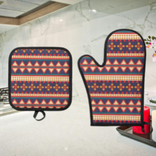 Nomadische Fäden Azteken-Muster Ofenhandschuh & Topflappen-Set