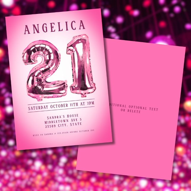 Nombre Ballons 21e Invitation d'anniversaire rose (Number Balloons 21st Birthday Invitation)