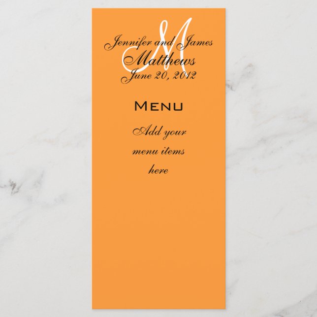 Noms Monogrammes Date Mariage Cartes de menu Orang (Devant)