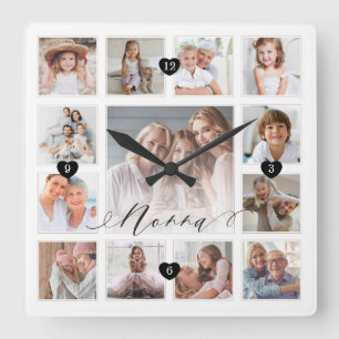 Nonna Script Family Memory Foto Grid Collage Quadratische Wanduhr