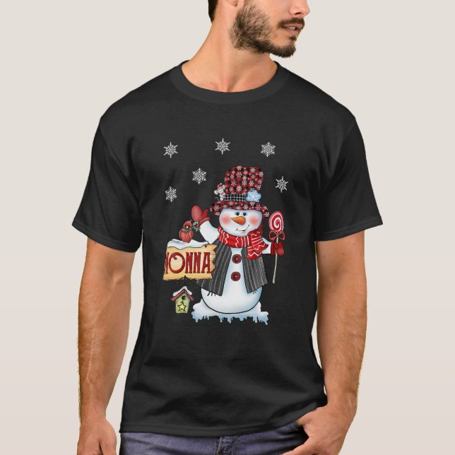 Nonna Snowman Christmas Candy Cane Red Kariert San T-Shirt (Vorderseite)