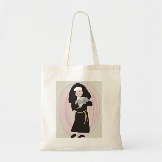 Nonne, die graue Katzen-Taschen-Tasche hält Tragetasche (Vorne)