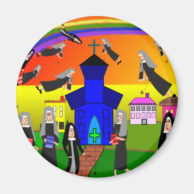 Nonnen "Flying Nuns" Whimsical Art Magnet (Vorne)