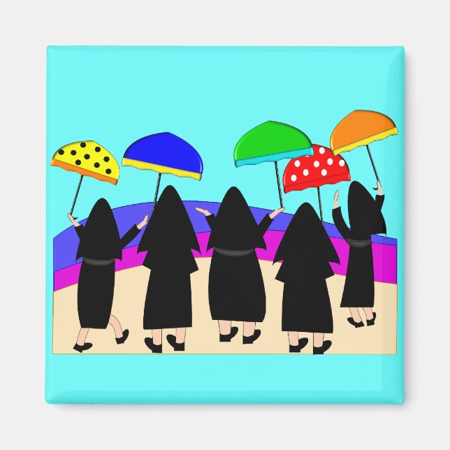 Nonnen mit Regenschirmen "erwartungsvoll Regen" Magnet (Vorne)