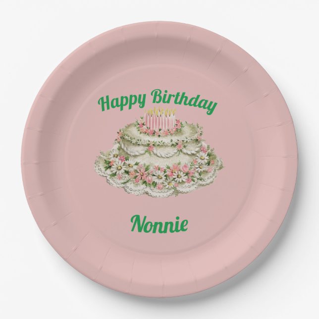 NONNIE ~ VINTAGER GEBURTSTAG CAKE ~ PAPPTELLER (Vorderseite)