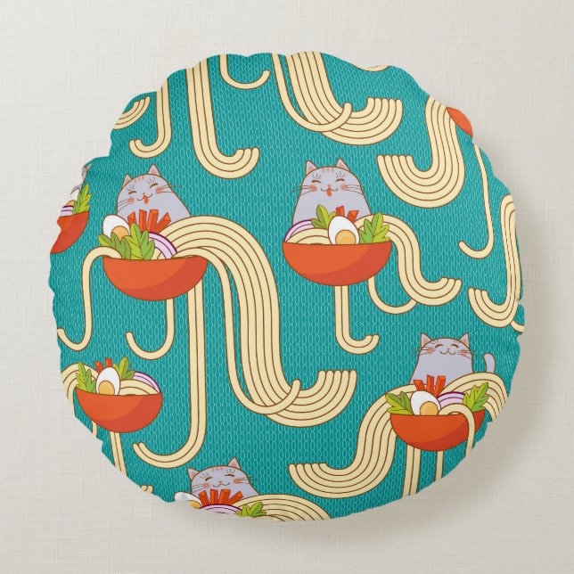 Noodles Funny Cats Türkis Hintergrund Rundes Kissen (Vorderseite)