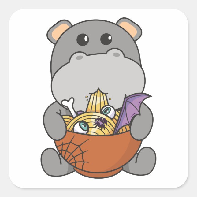 Noodles Japanisch Noodles Halloween Hippo Ramen Quadratischer Aufkleber (Vorderseite)