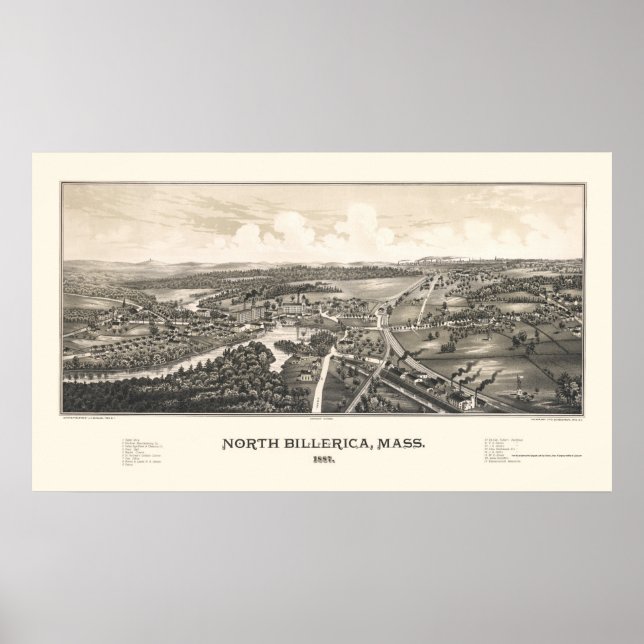 Nord Billerica, MA Panorama Karte - 1887 Poster (Vorne)