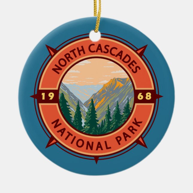 Nord Cascades Nationalpark Retro Kompass Emblem Keramik Ornament (Vorne)