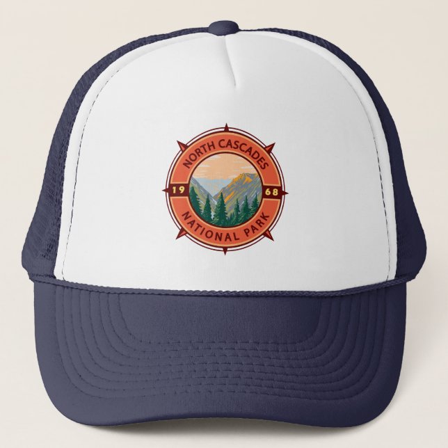 Nord Cascades Nationalpark Retro Kompass Emblem Truckerkappe (Vorderseite)