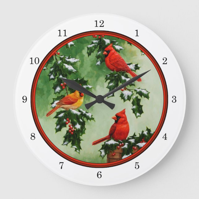 Nord-Rote Kardinal und Holly Große Wanduhr (Vorderseite)