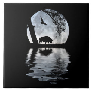 Nordamerikanischer Büffel und Rabe bei Vollmond Fliese