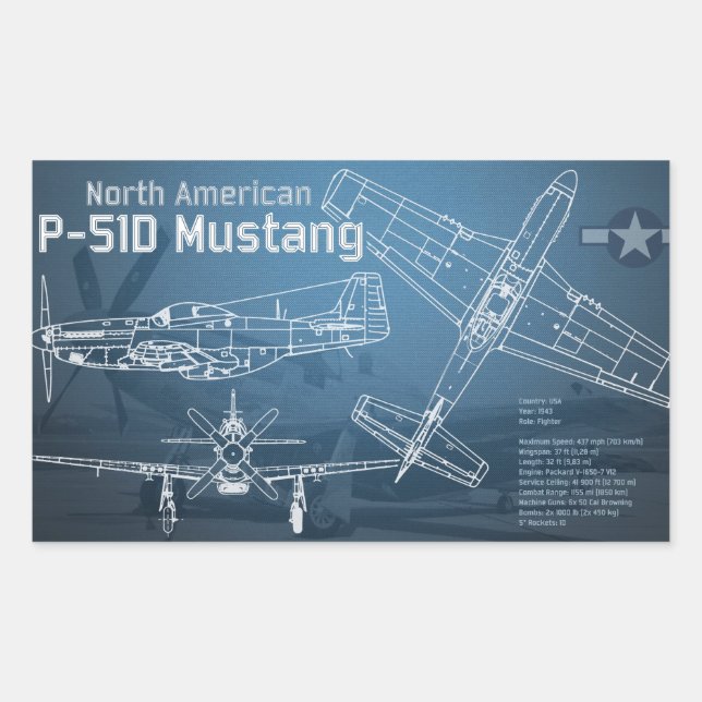 Nordamerikanischer P-51D Mustang Blueprint Rechteckiger Aufkleber (Vorderseite)