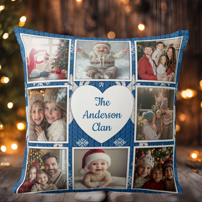 Nordic Blue and White Family FotoCollage Kissen (Nordic Blue And White Family Photo Collage Throw Pillow)