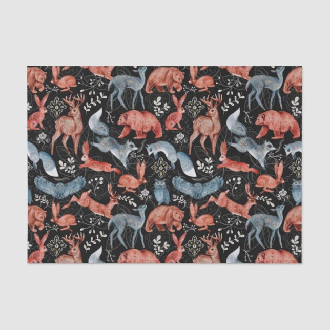 Nordic Blue Brown Animals Blätter Wasserfarbe Seidenpapier (Vorderseite)