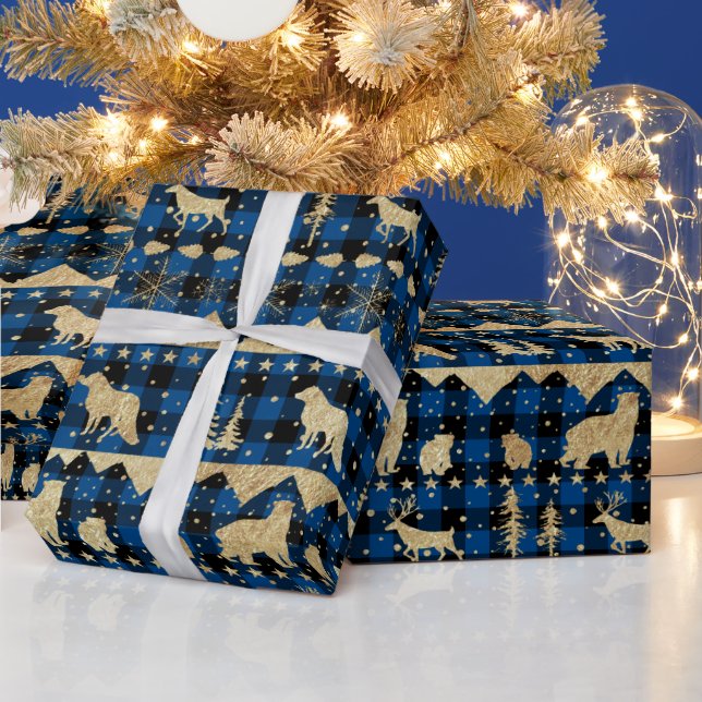 Nordic Blue Buffalo Kariert Gold Winter Animals Geschenkpapier (Feiertage)