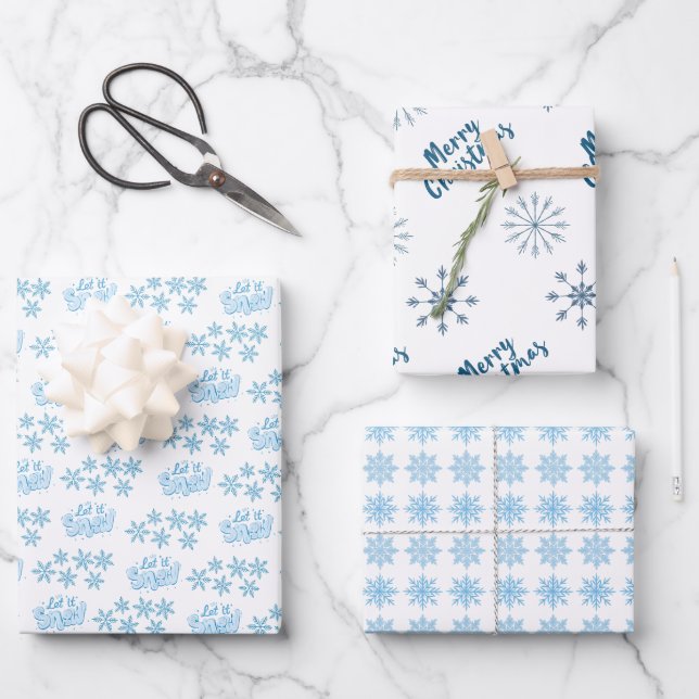 Nordic Blue Frohe Weihnachten Let It Schneeflocken Geschenkpapier Set (Vorderseite)