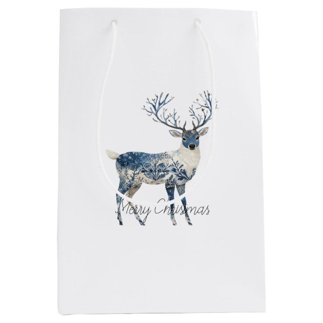 Nordic Blue White Deer Christmas Mittlere Geschenktüte (Vorderseite)