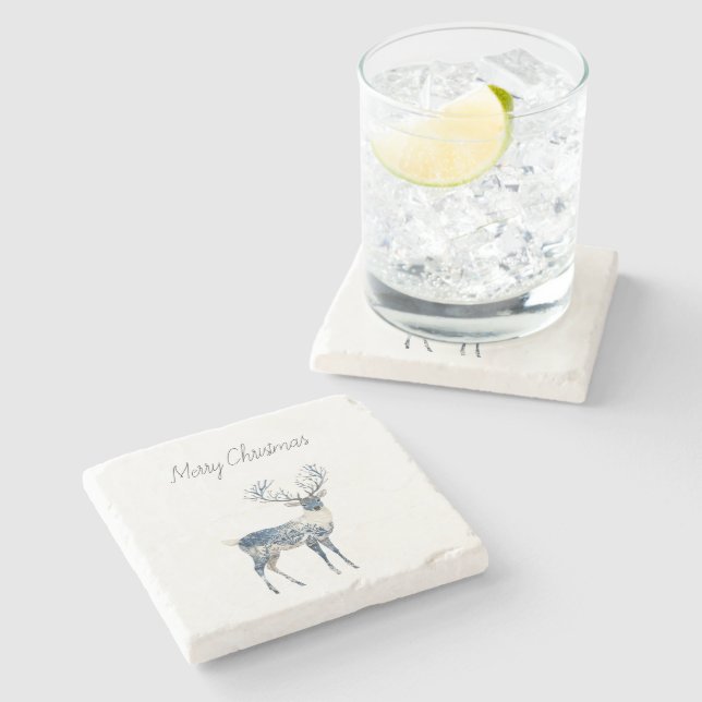 Nordic Blue White Deer Christmas Steinuntersetzer (Seitenansicht)