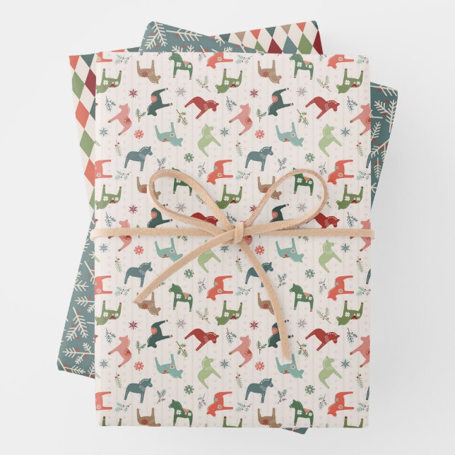 Nordic Christmas Dala Horse Wrapping Paper Sheets Geschenkpapier Set (Beispiel)