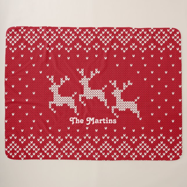 Nordic Christmas Rentier Red & White Personalisier Sherpadecke (Vorderseite (Horizontal))