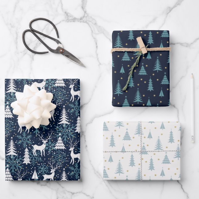 Nordic Crystal Aquamarin Christmas Deer Geschenkpapier Set (Vorderseite)