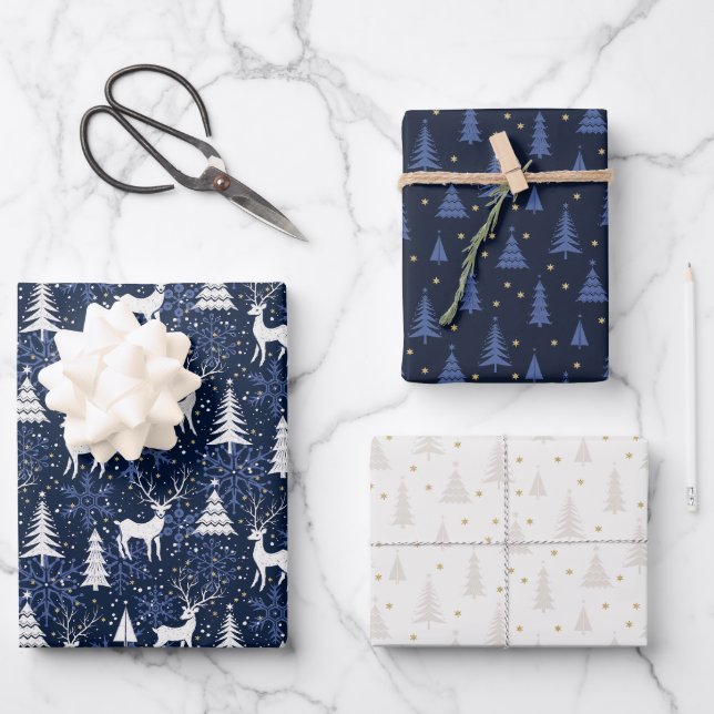 Nordic Crystal Cobalt Blue Christmas Deer Geschenkpapier Set (Vorderseite)