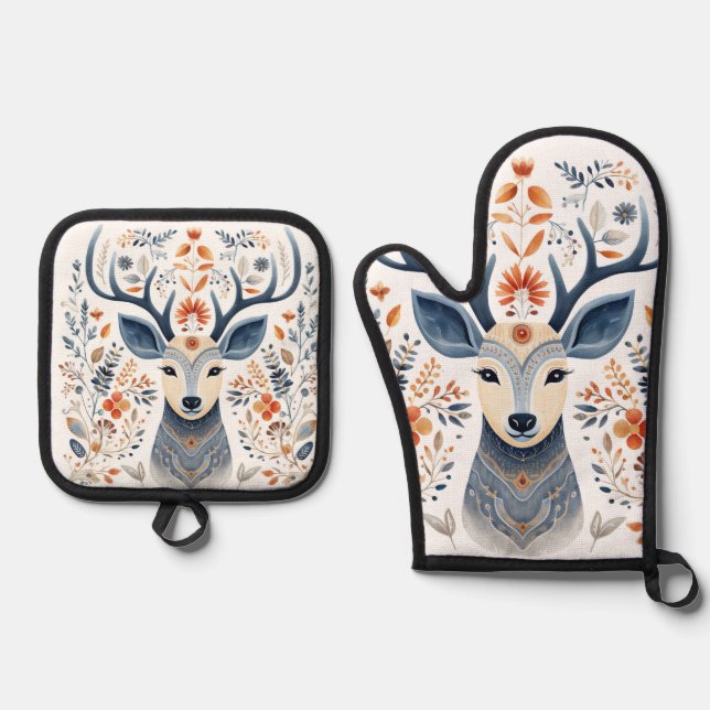 Nordic Deer Folk Art Ofenhandschuh & Topflappen-Set (Vorderseite)