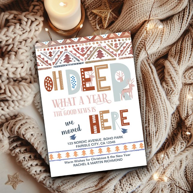 Nordic Fairisle und Fun Typografy Holiday Moving Ankündigung (Nordic We Moved Christmas Card from the Holiday Moving Announcements Collection by Darling & May)