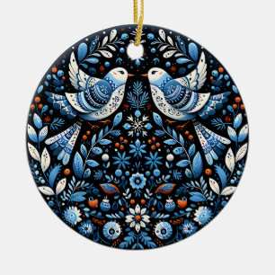 Nordic Folk Art Birds und Floral Holiday Ornament