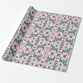 Nordic Folk Art Blue Dala Pferde und Pflanze Geschenkpapier